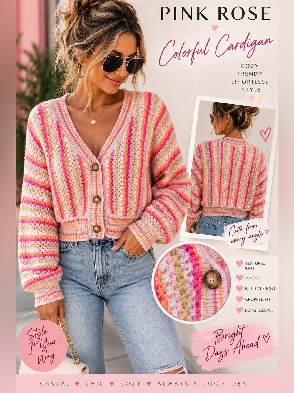 $10 or 🆓 BUY ONE GET ONE FREE 🆓 Pink Rose Multicolor Striped Knit cropped Sweate